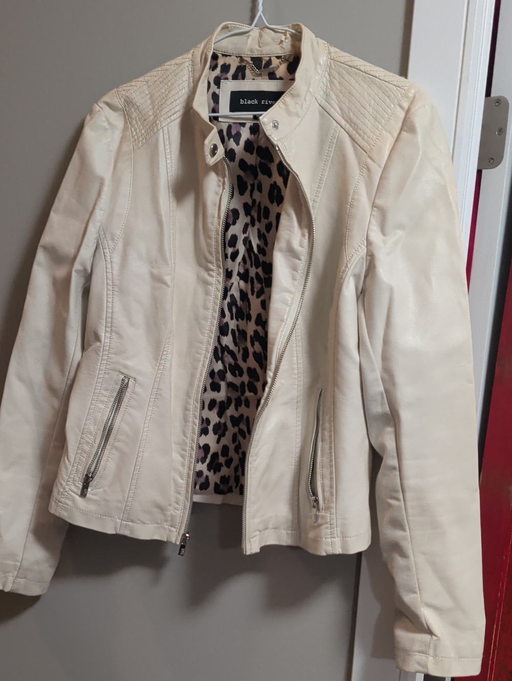 Black Rivet cream faux-leather moto jacket with leopard print lining In Medium